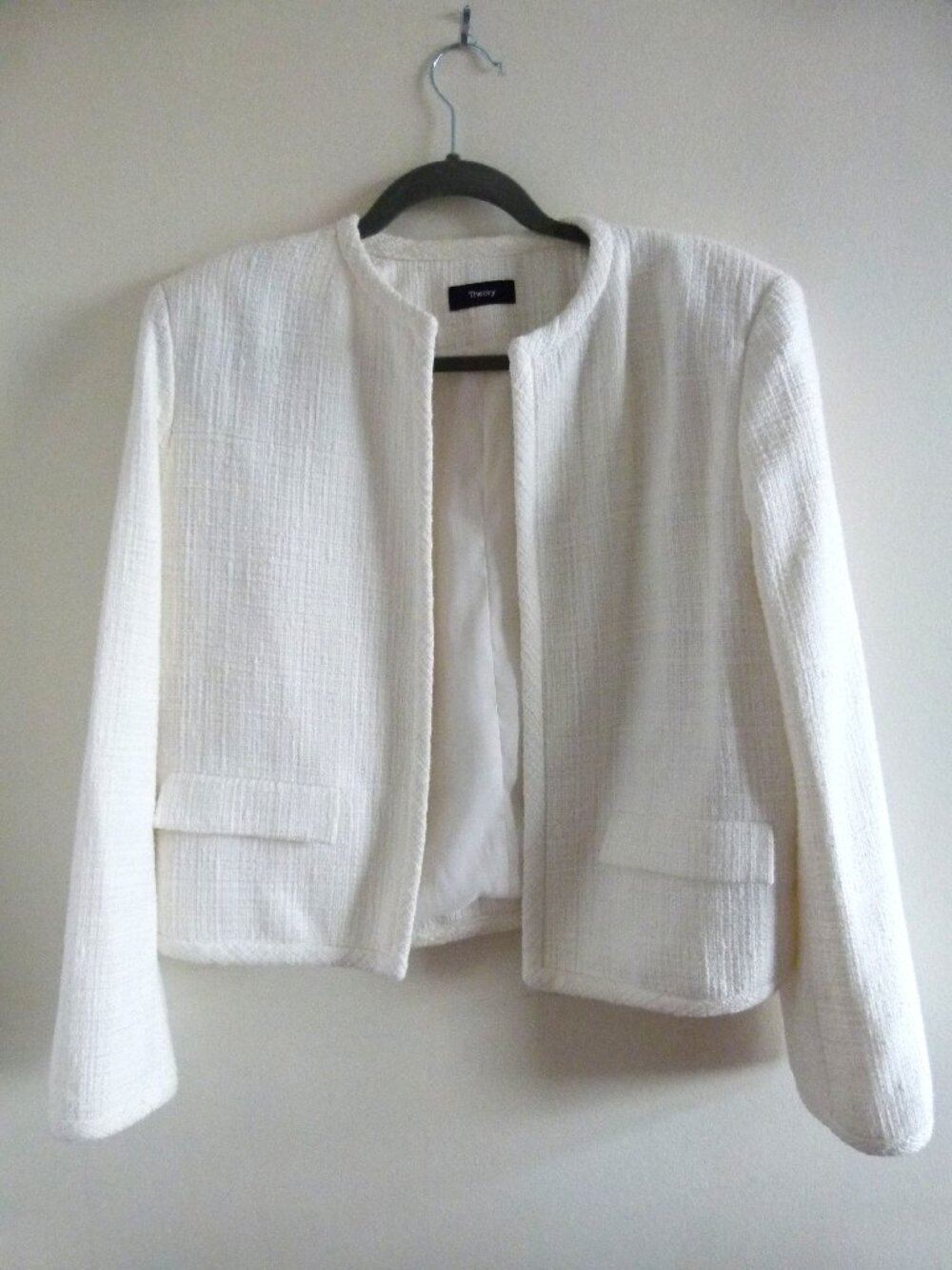 Theory Cropped White Jacket in Cotton Tweed